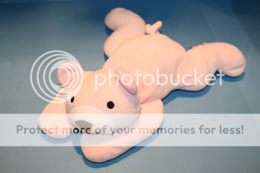 ty 1994 plush pillow pal bear pink ribbon bow laying brown nose